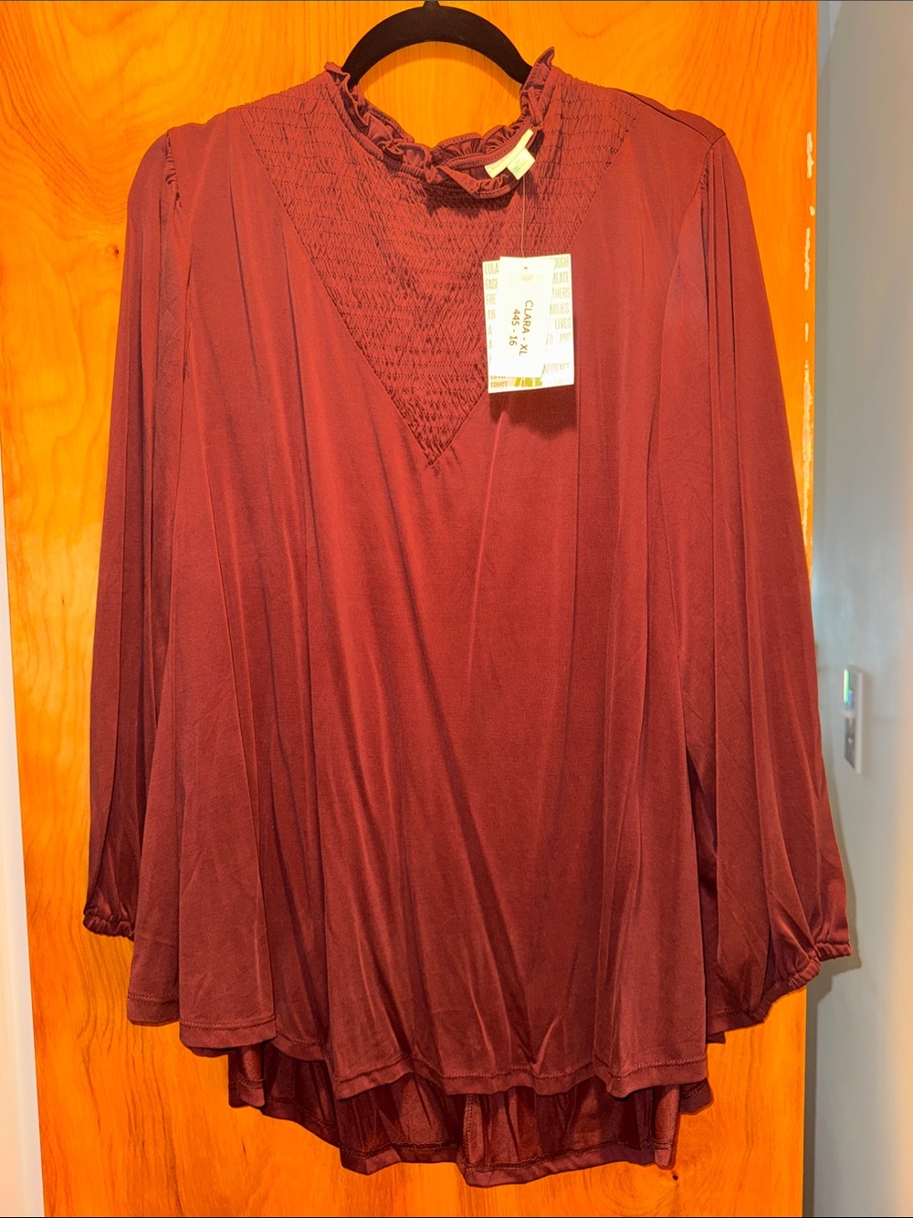 LuLaRoe Burgundy Long-Sleeve Smocked Yoke Tunic